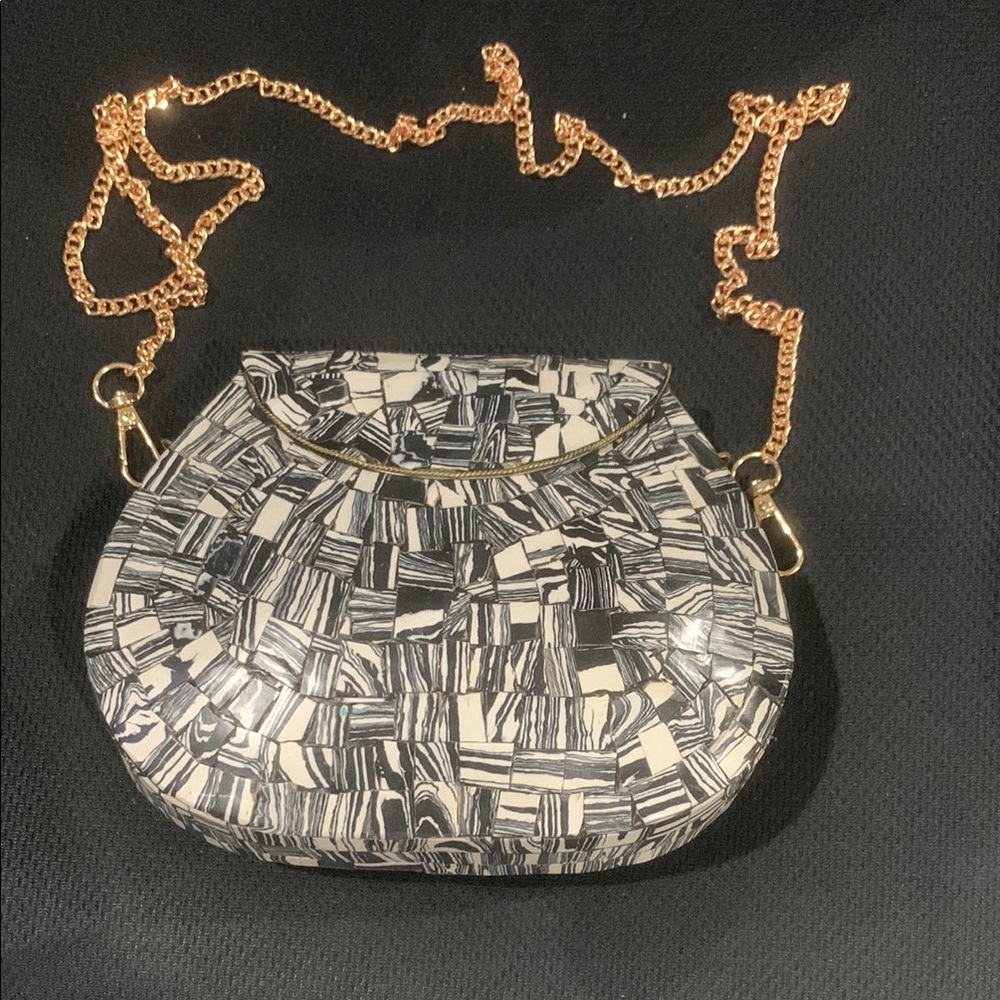 Ramla Moroccan Black and White Geometric Clutch with Gold Chain